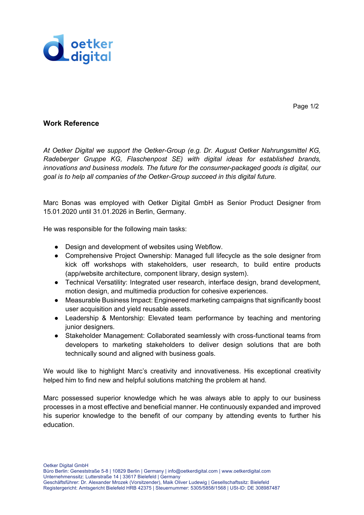 Work reference letter, page 1